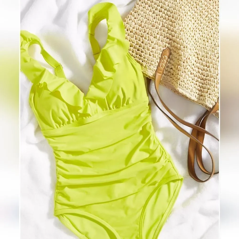 DKNY Women's Bright Yellow Ruffle Detail underwire One-Piece Swimsuit Size Large - Picture 12 of 14